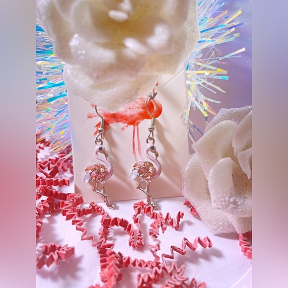 Silver Crystal flamingo dangle and drop earrings, pretty, summer, tropical, - Picture 3 of 10